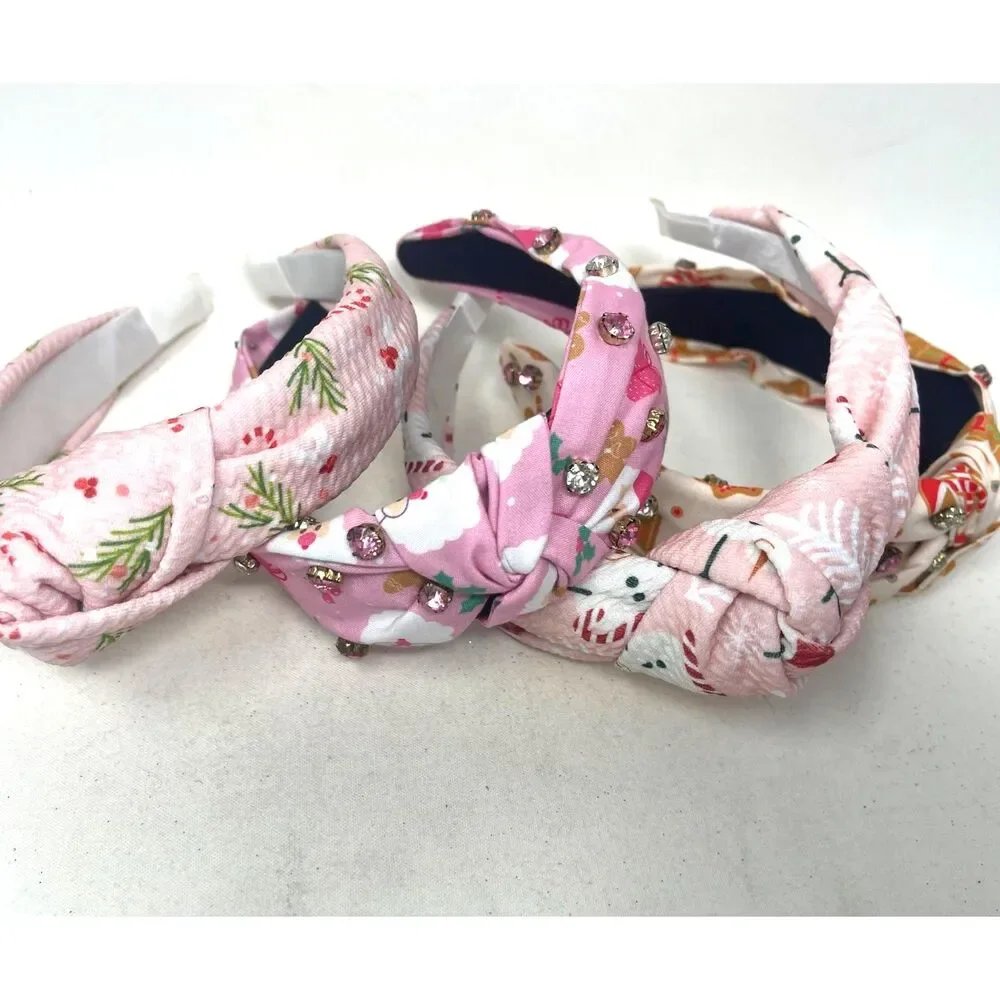 Set 4 Headbands Pink Rhinestone Holiday Girls Decorative Knotted Winter Festive